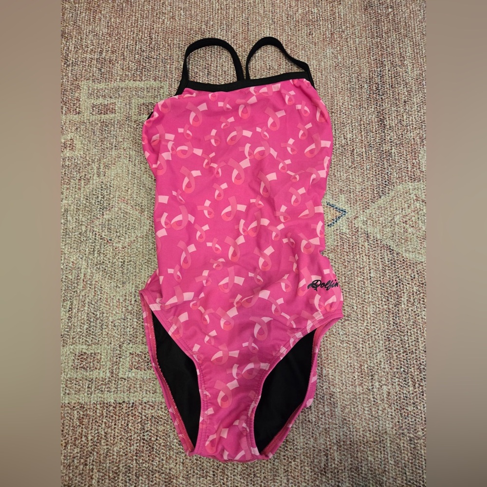 Dolfin breast cancer ribbon print Racerback one piece swim suit sz 30